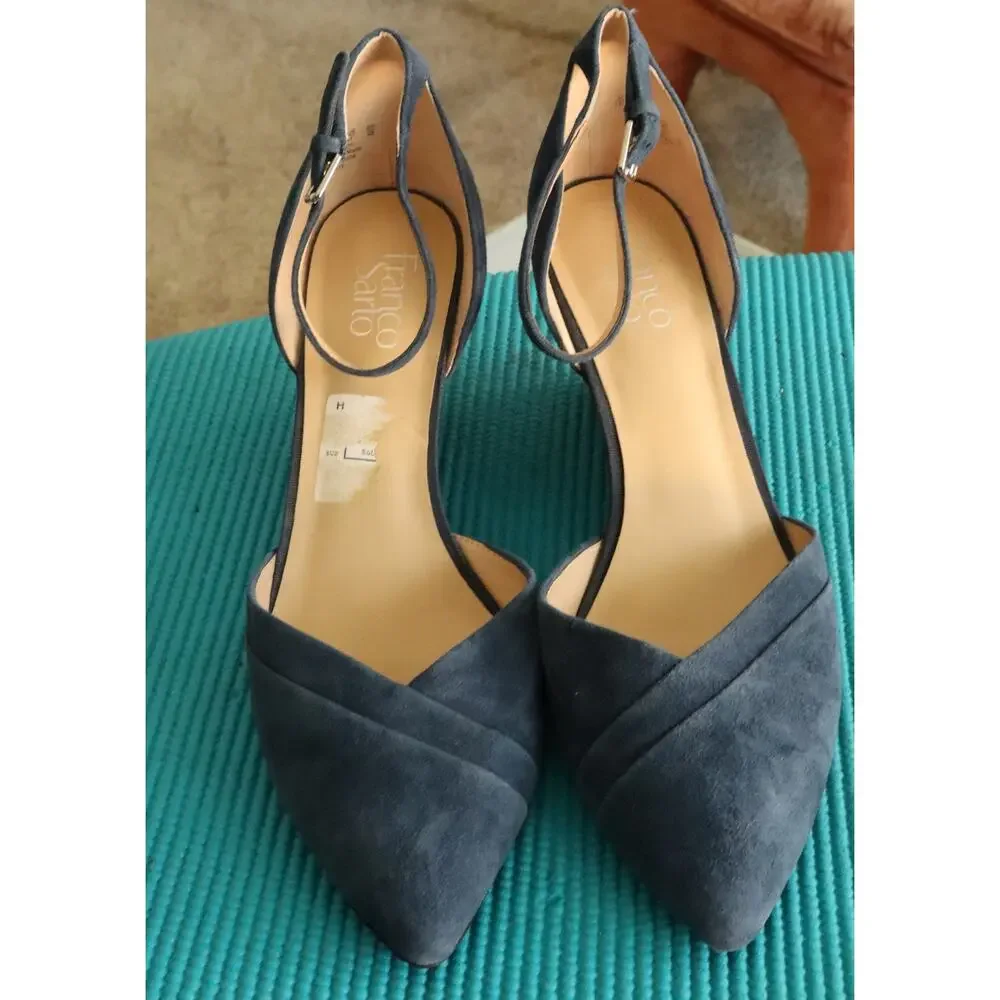 Franco Sarto Fay Blue Suede Wedge Heel Pump Ankle Strap Pointed Toe